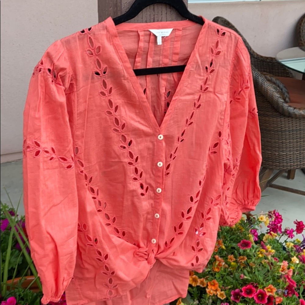 Lucky Brand Floral Eyelet Orange (?) Short Sleeve Tie Front Top